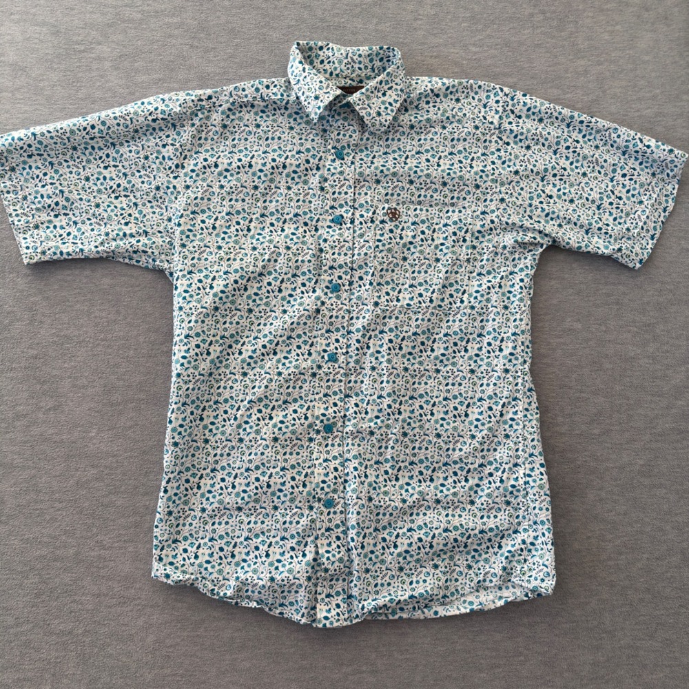 Ariat Mens Small Fitted Short Sleeve Floral Button Down Western Shirt Blue Green